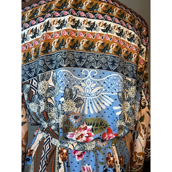 Floral Boho Kimono One Size Brown Blue Multicolor Bohemian Robe Swimsuit Coverup - Picture 8 of 8